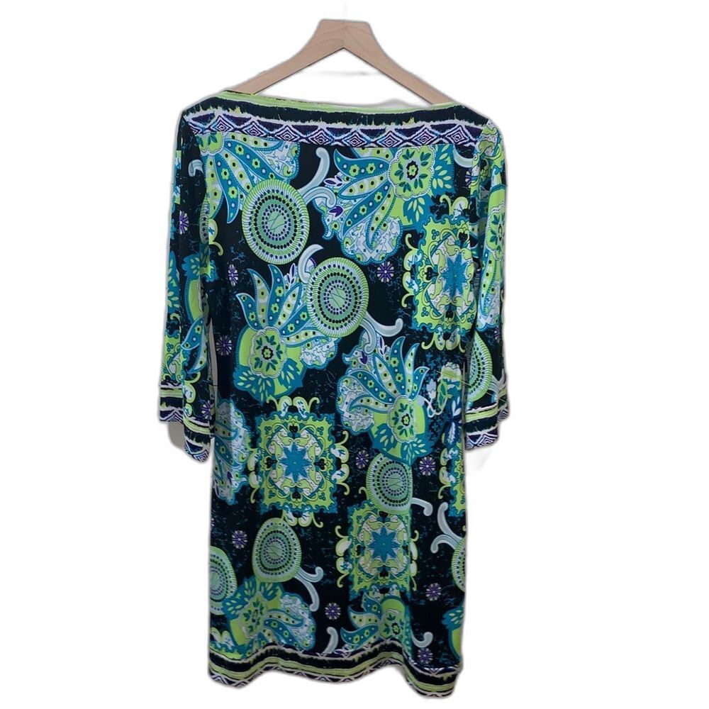 Cato Large Paisley Shift Dress Blue Green Boho 3/4 Sleeve Tunic Mini Dress - Picture 3 of 4